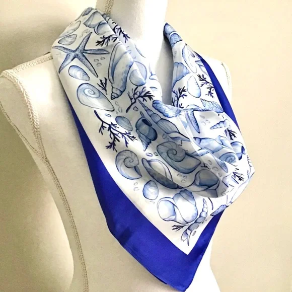 J. Crew Oversized Silk Scarf Seashells Sealife New With Tag - Picture 2 of 9